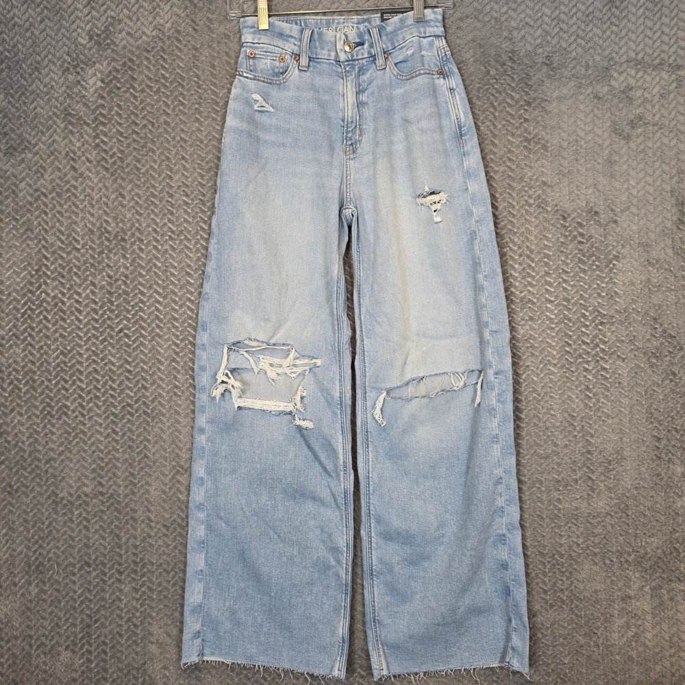 American Eagle Curvy Dreamy Drape Baggy Wide Leg Jeans Light Wash Distressed 00